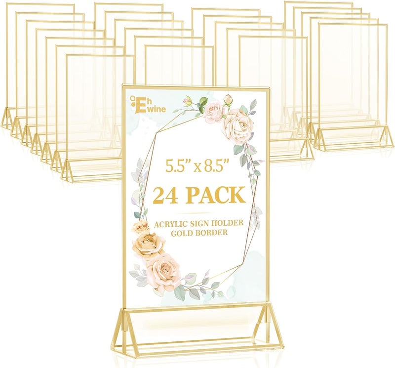 EHWINE 24 Pack Acrylic Sign Holder 5.5 x 8.5, Double Sided Gold Picture Frame Stand up Table Top Sign Holders, Clear Display Stand Menu Flyer Holder for Wedding Party - Image 1